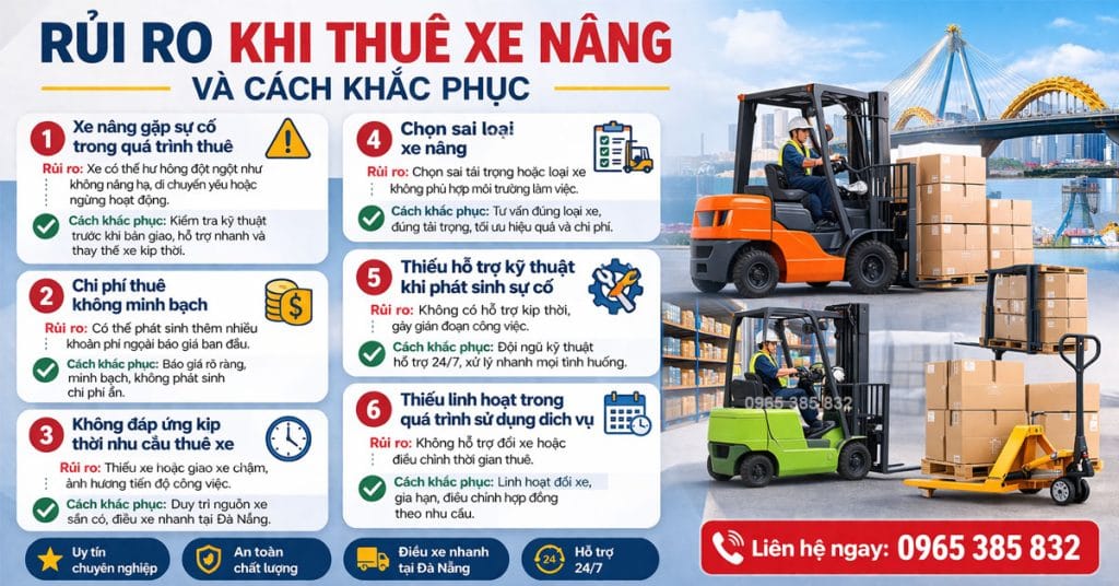 Cho thuê xe nâng tại Đà Nẵng| 3 loại xe nâng: dầu, điện, tay Một số rủi ro khi thuê xe nâng